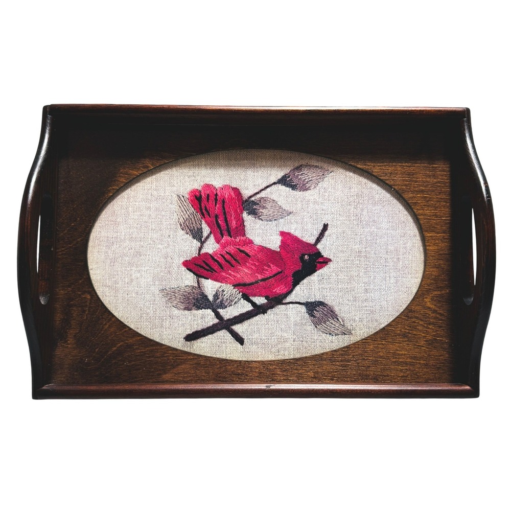 Vtg‎ Needlepoint Serving Tray Red Cardinal Three Mountaineers Wood Glass Artwork